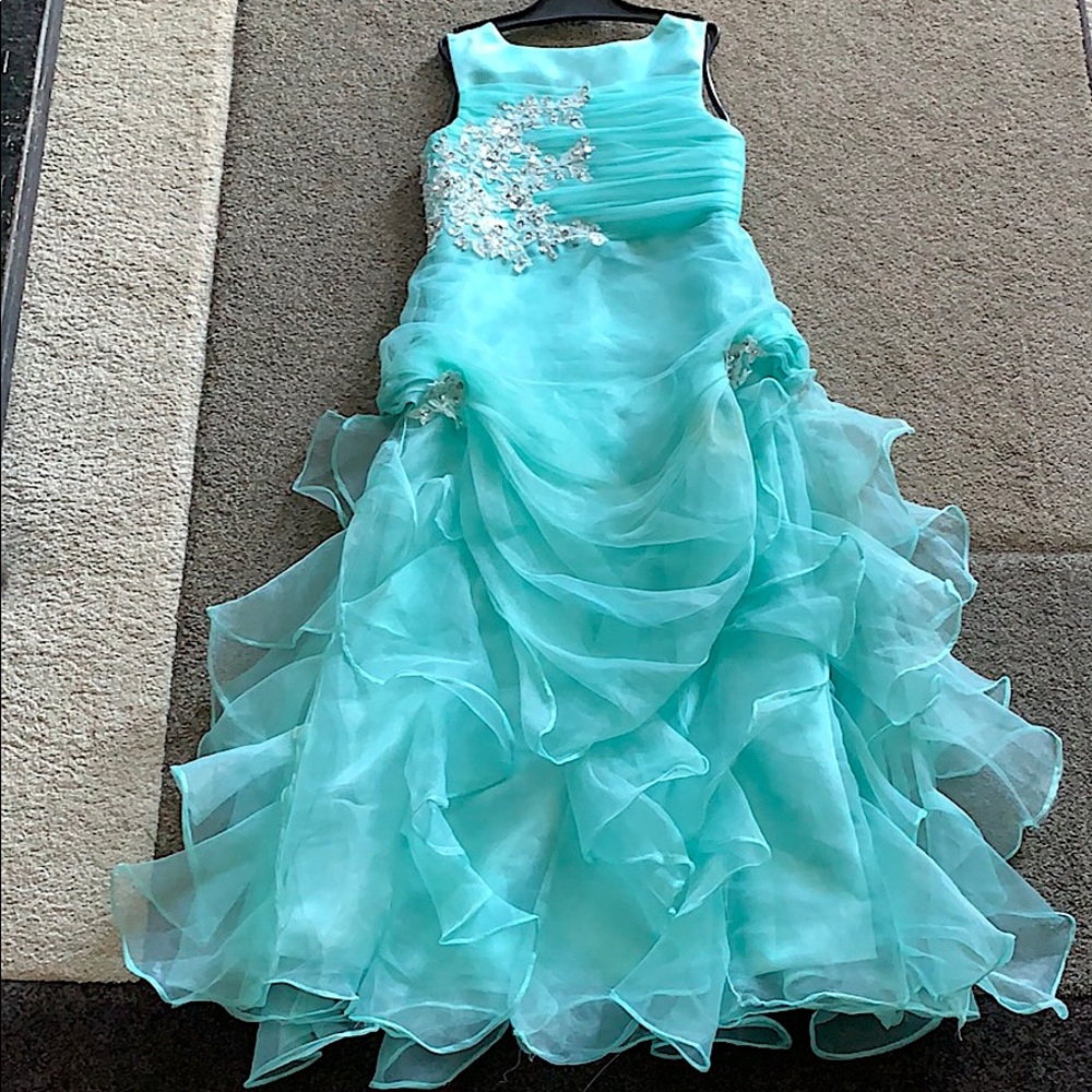 size 10-12 sea greenish/teal dress with gems